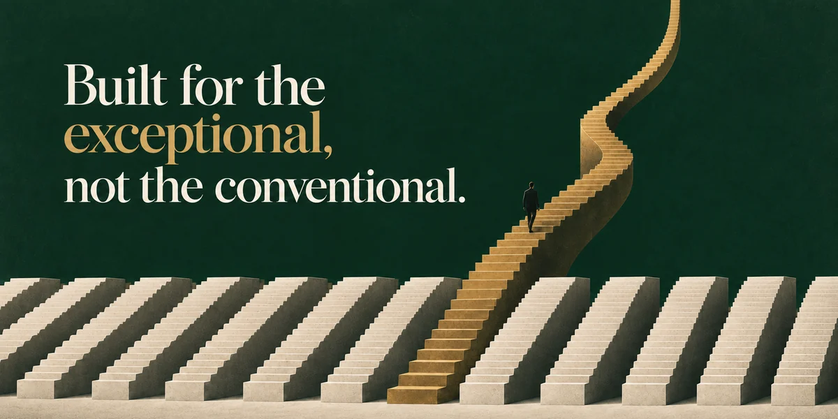 Built for the exceptional, not the conventional. A lone figure climbs a golden staircase that rises above rows of identical stone steps.