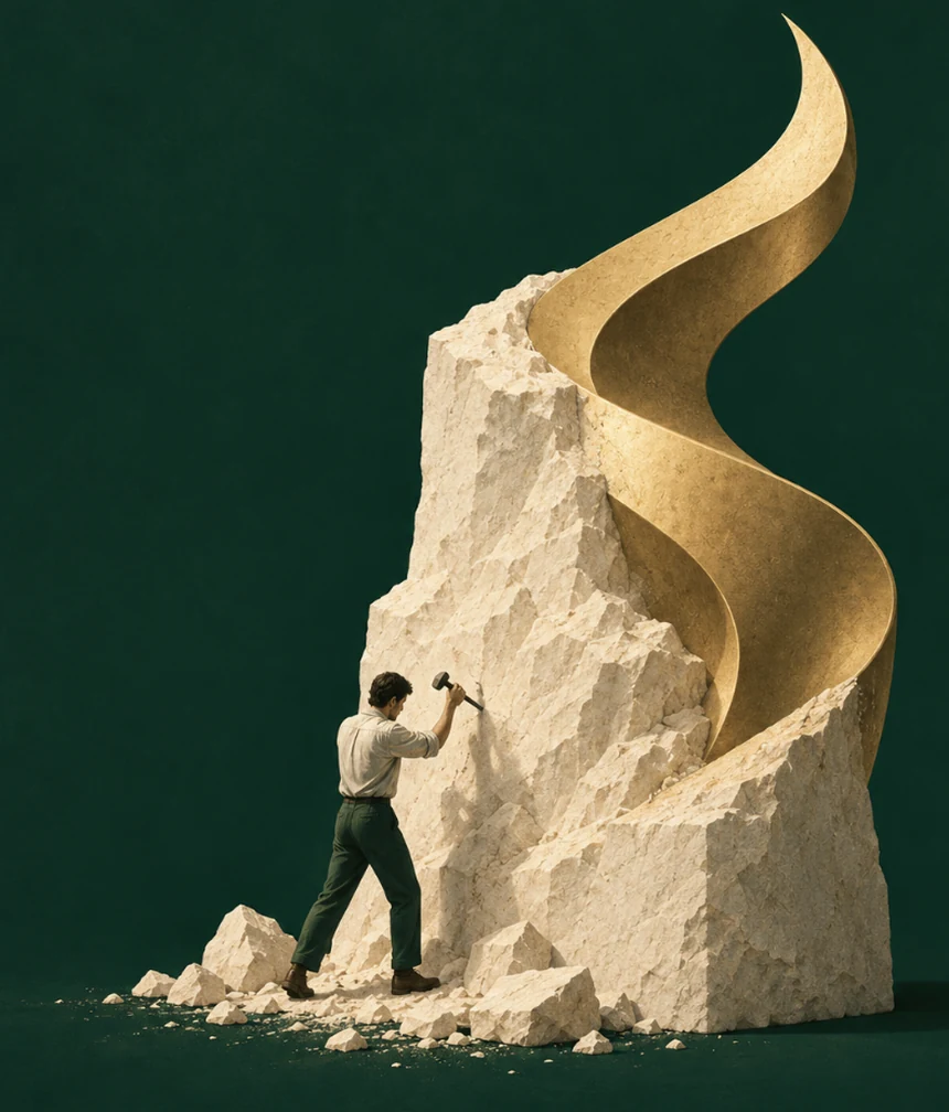 A figure chiselling away a block of stone to reveal a golden form inside it.