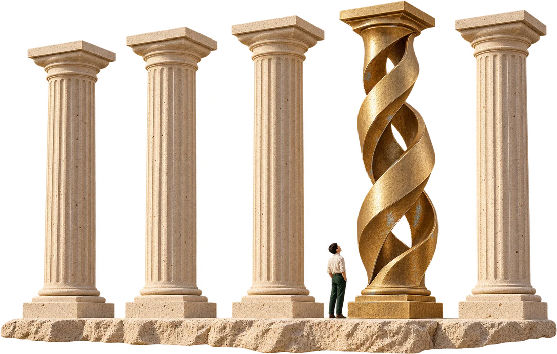 Five columns on a stone base. Four are plain and identical; the fifth is a twisting gold column, and a figure stands looking up at it.