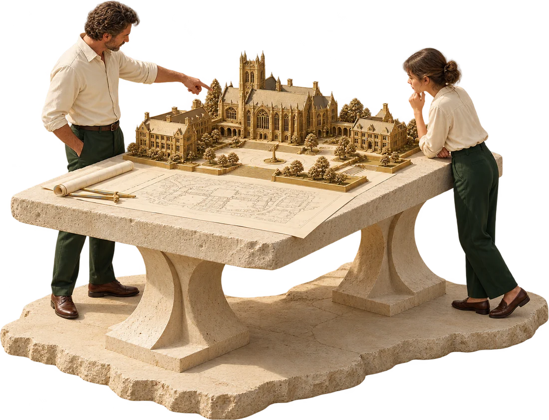 Two people leaning over a stone drafting table, studying a gold model of a university campus laid over architectural plans.