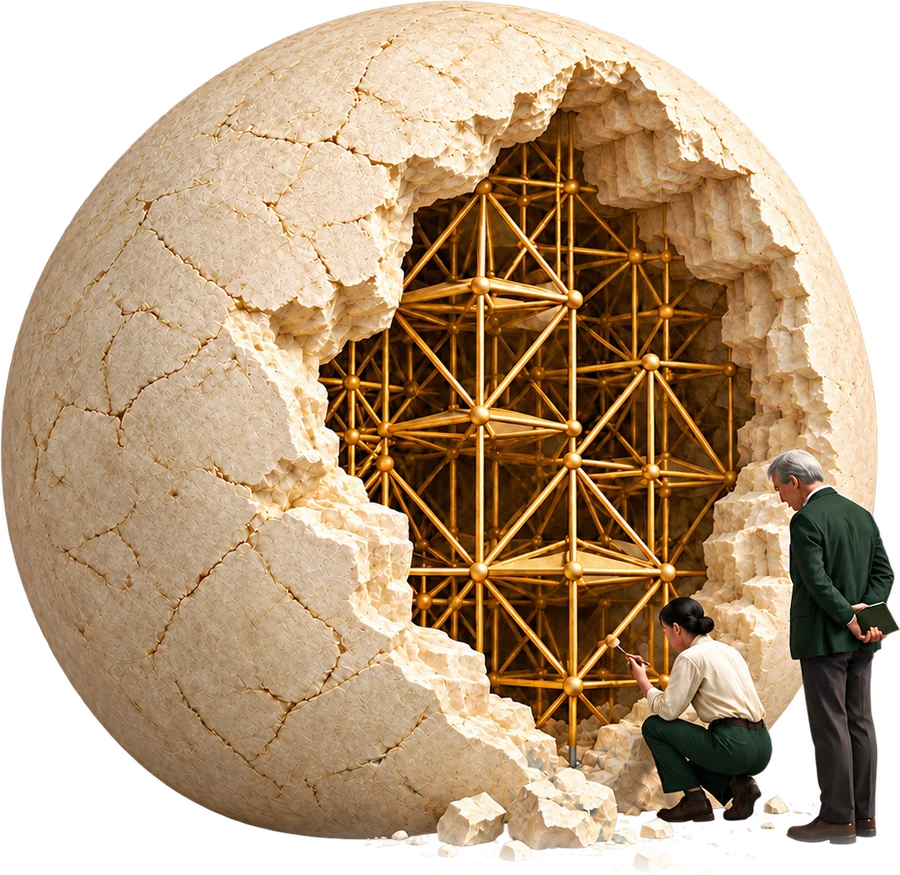 Two figures examining a split stone sphere that reveals an intricate golden lattice inside it.